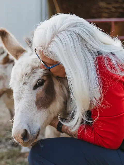 Jules resting her cheek on a spotted mini donkey’s head in a hug