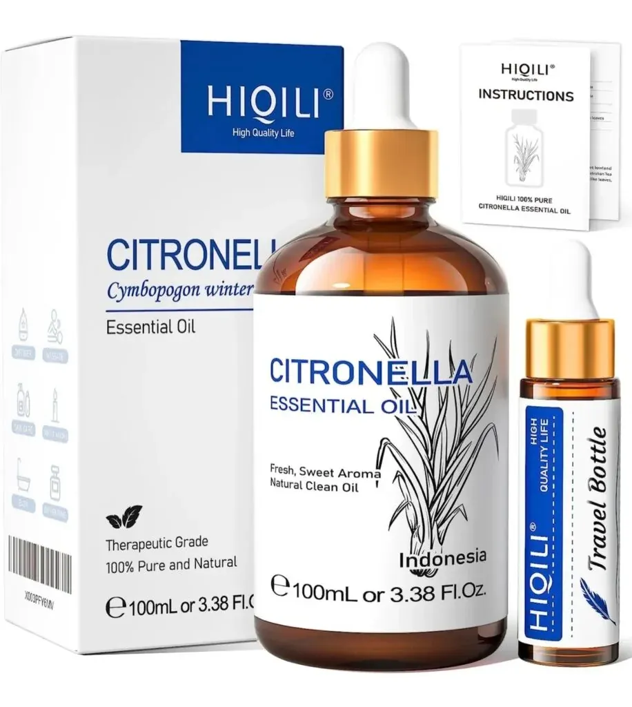 Bottles of citronella essential oil for DIY fly spray