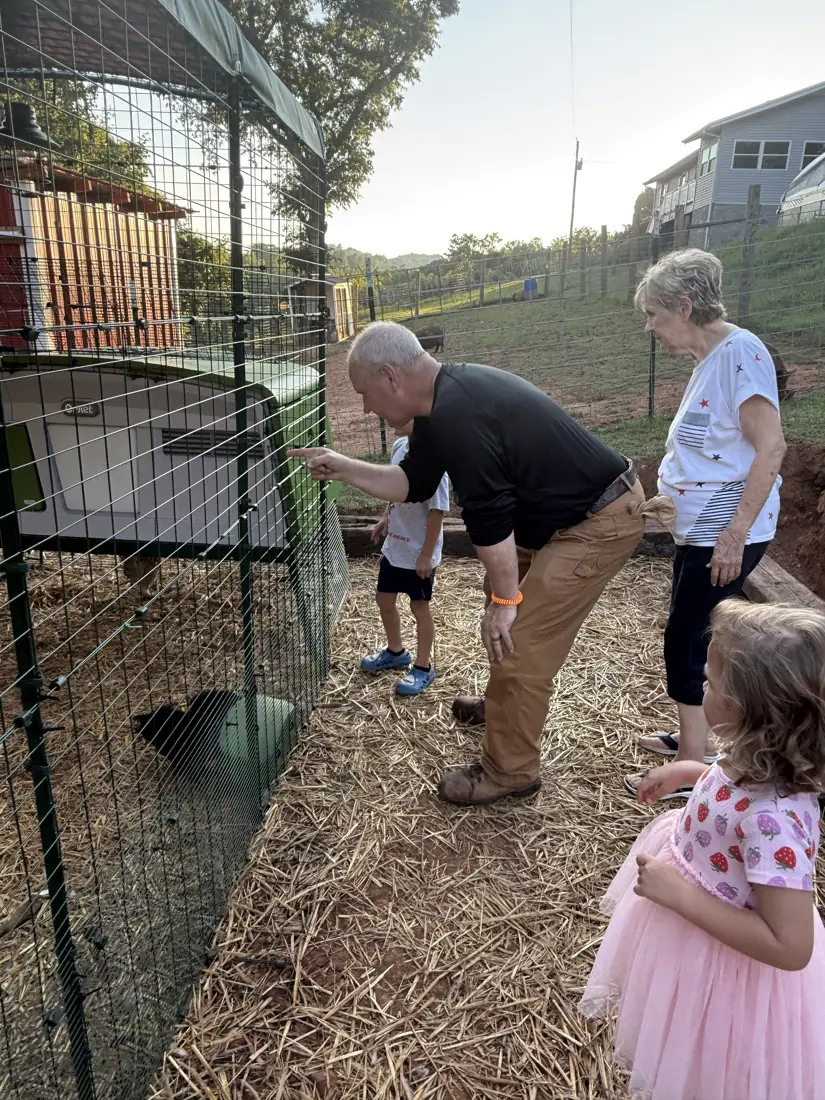 Two adults and a child at the chicken run