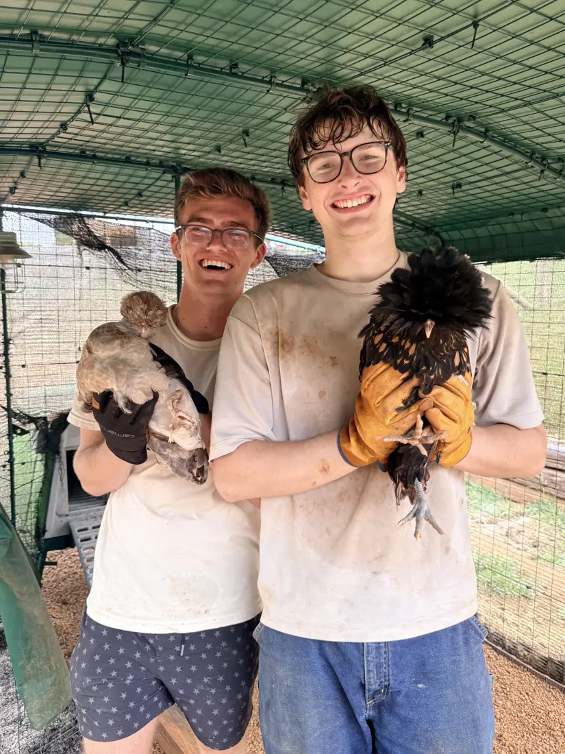 Two volunteers in the finished run, each holding a Polish chicken